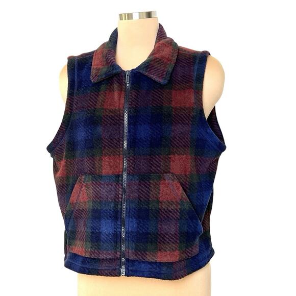 LizWear Fleece Vest Womens Medium Plaid Red Blue Full Zip Classic Trendy 90s Vtg - Picture 1 of 8